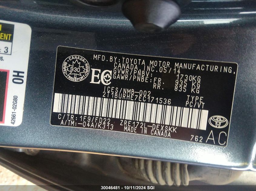 2T1BURHE7EC171536 2014 Toyota Corolla L/Le/Le Pls/Prm/S/S Pls