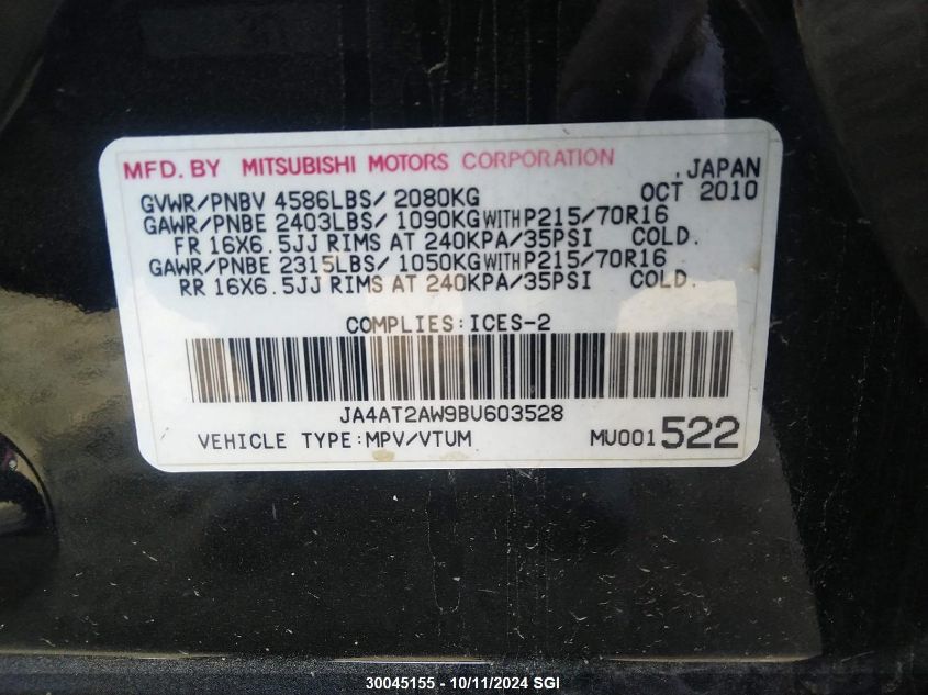 2011 Mitsubishi Outlander Es VIN: JA4AT2AW9BU603528 Lot: 30045155