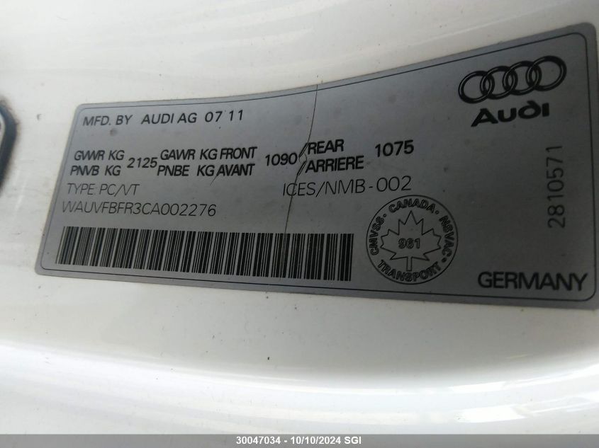 2012 Audi A5 Prestige VIN: WAUVFBFR3CA002276 Lot: 30047034