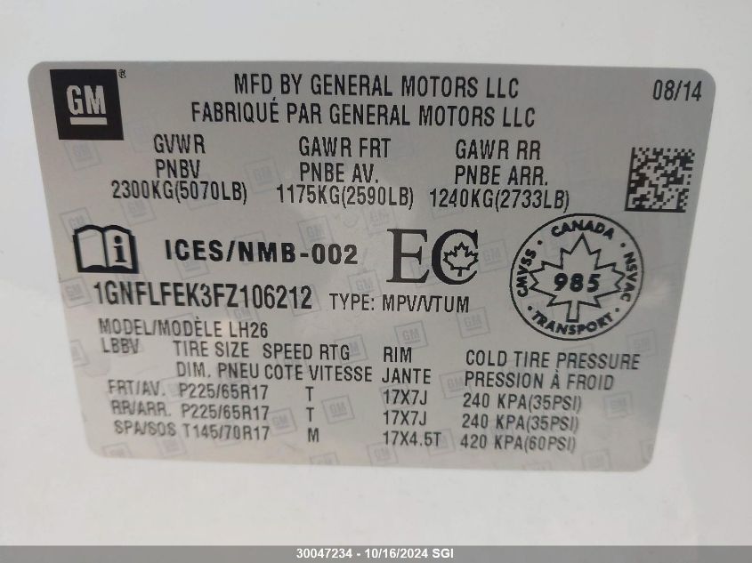 2015 Chevrolet Equinox Lt VIN: 1GNFLFEK3FZ106212 Lot: 30047234