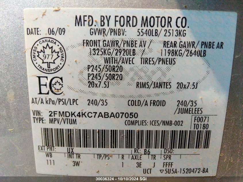 2FMDK4KC7ABA07050 2010 Ford Edge Limited