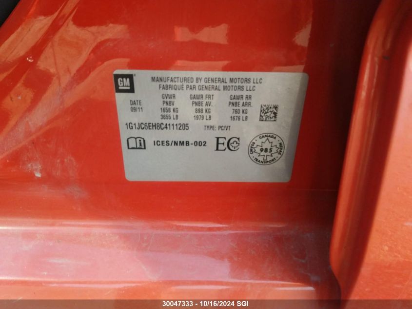2012 Chevrolet Sonic Lt VIN: 1G1JC6EH8C4111205 Lot: 30047333