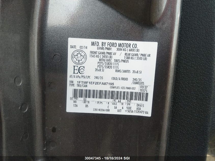 2014 Ford F150 VIN: 1FTMF1EF2EFA87195 Lot: 30047345