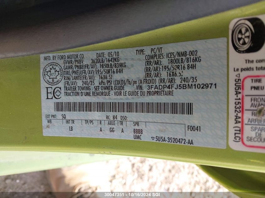 2011 Ford Fiesta Ses VIN: 3FADP4FJ5BM102971 Lot: 30047351