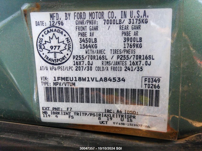 1997 Ford Expedition VIN: 1FMEU18W1VLA84534 Lot: 30047357