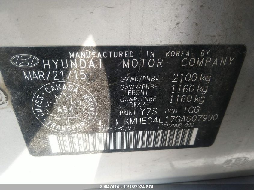 2016 Hyundai Sonata Hybrid/Limited VIN: KMHE34L17GA007990 Lot: 30047414