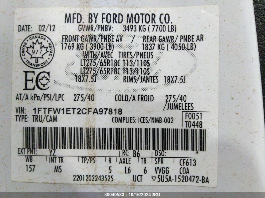 2012 Ford F150 Supercrew VIN: 1FTFW1ET2CFA97818 Lot: 30040583