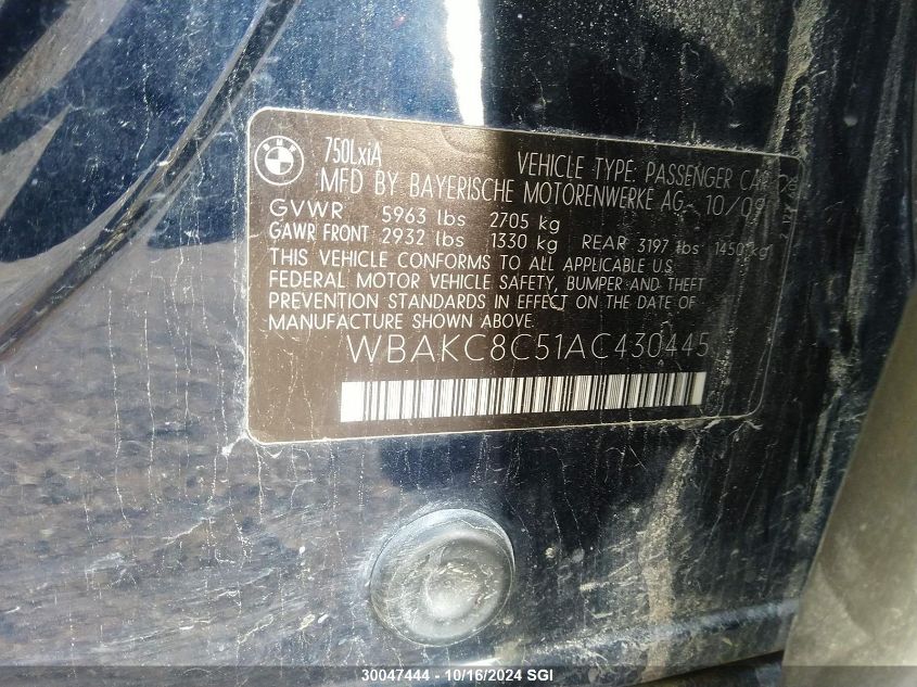 2010 BMW 750 Li xDrive VIN: WBAKC8C51AC430445 Lot: 30047444