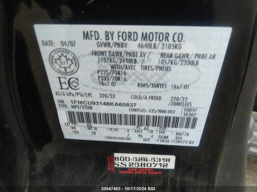 2008 Ford Escape Xlt VIN: 1FMCU93148KA60837 Lot: 30047465