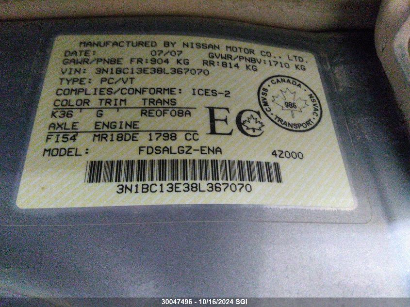 2008 Nissan Versa S/Sl VIN: 3N1BC13E38L367070 Lot: 30047496