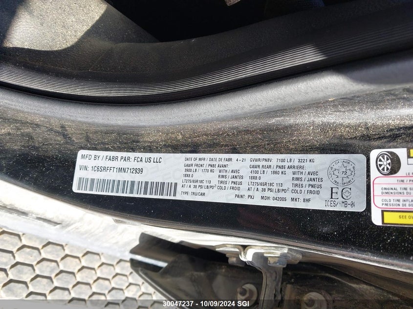 2021 Ram 1500 Big Horn/Lone Star VIN: 1C6SRFFT1MN712939 Lot: 30047237