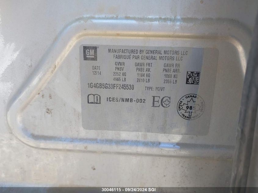 2015 Buick Lacrosse VIN: 1G4GB5G33FF245530 Lot: 30046115
