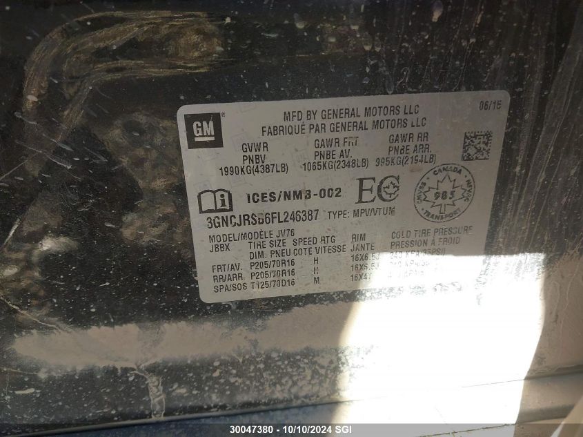 2015 Chevrolet Trax 1Lt VIN: 3GNCJRSB6FL246387 Lot: 30047380