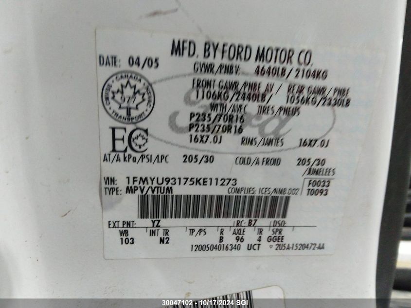 2005 Ford Escape Xlt VIN: 1FMYU93175KE11273 Lot: 30047102