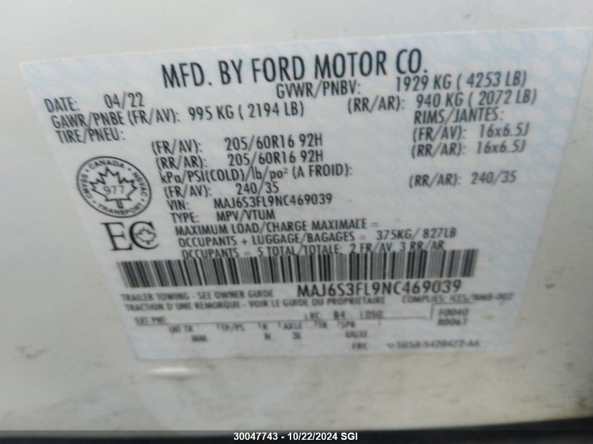 2022 Ford Ecosport S VIN: MAJ6S3FL9NC469039 Lot: 30047743