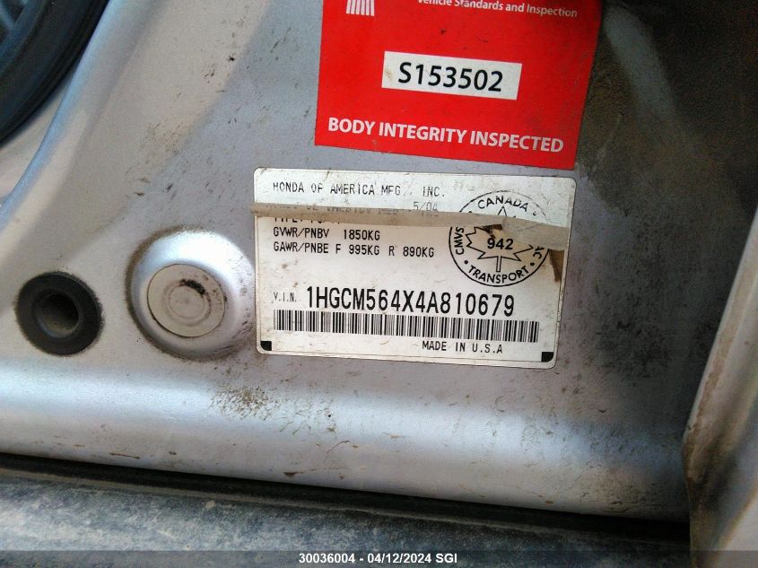 2004 Honda Accord Lx VIN: 1HGCM564X4A810679 Lot: 30036004