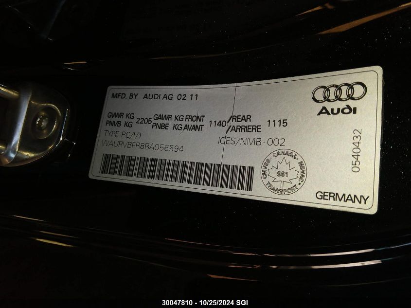 2011 Audi S5 VIN: WAURVBFR8BA056594 Lot: 30047810