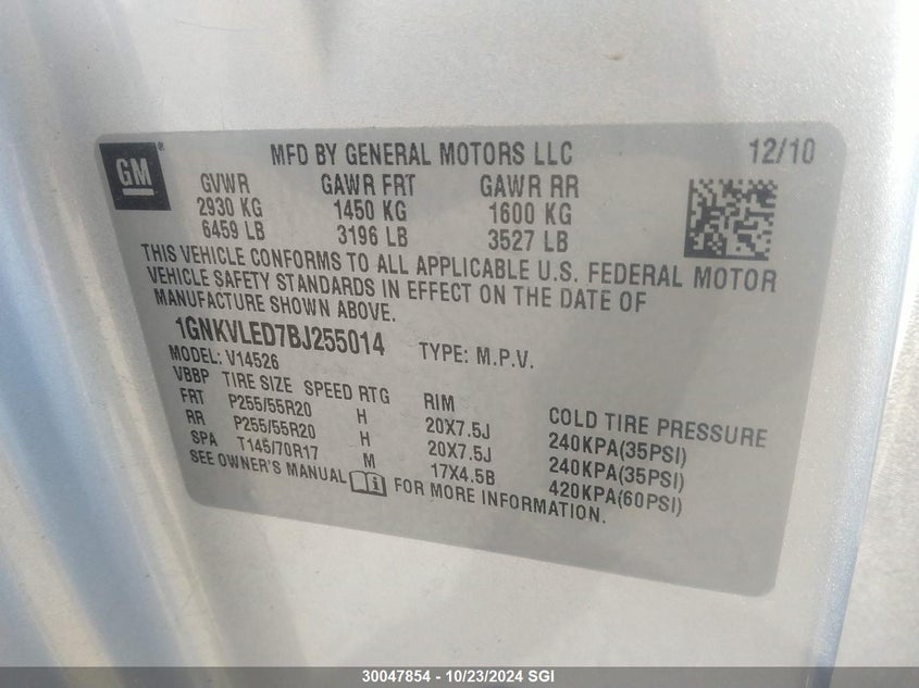 2011 Chevrolet Traverse Ltz VIN: 1GNKVLED7BJ255014 Lot: 30047854