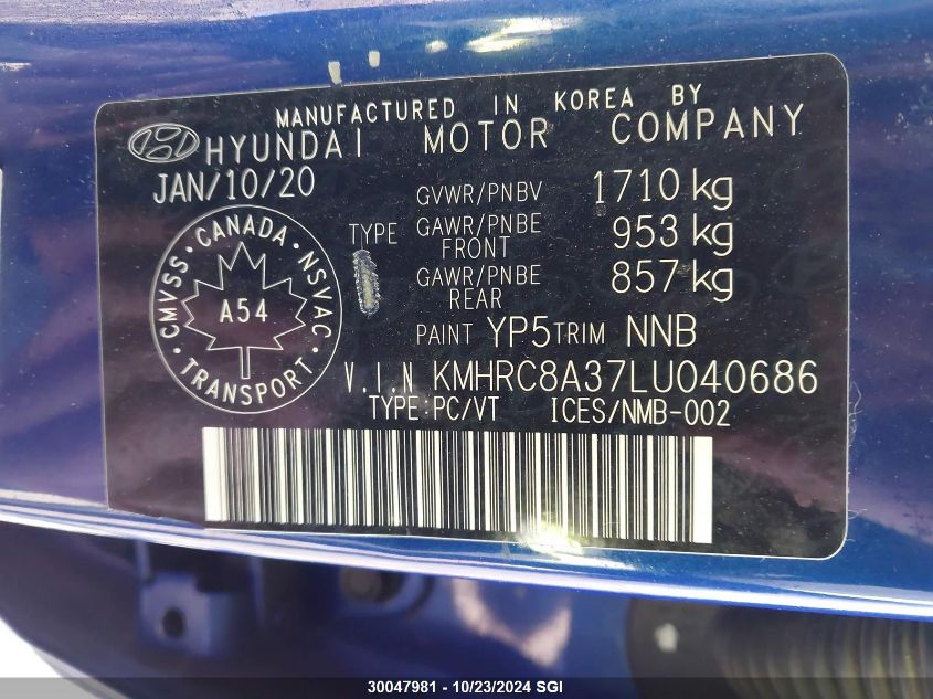 2020 Hyundai Venue Sel/Denim VIN: KMHRC8A37LU040686 Lot: 30047981