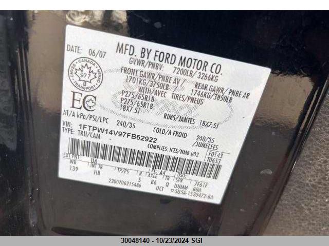 2007 Ford F150 Supercrew VIN: 1FTPW14V97FB62922 Lot: 30048140