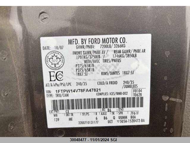 2008 Ford F150 Supercrew VIN: 1FTPW14V78FA47821 Lot: 30048477