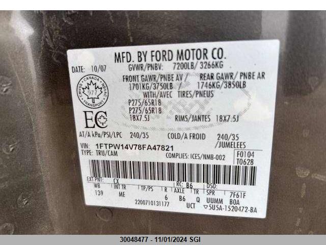 2008 Ford F150 Supercrew VIN: 1FTPW14V78FA47821 Lot: 30048477