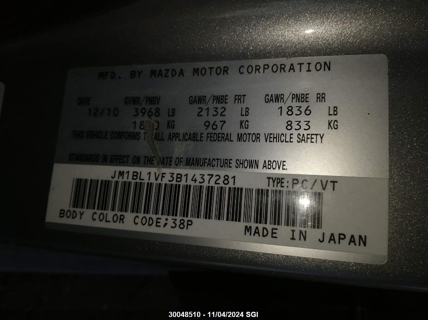 2011 Mazda 3 I VIN: JM1BL1VF3B1437281 Lot: 30048510