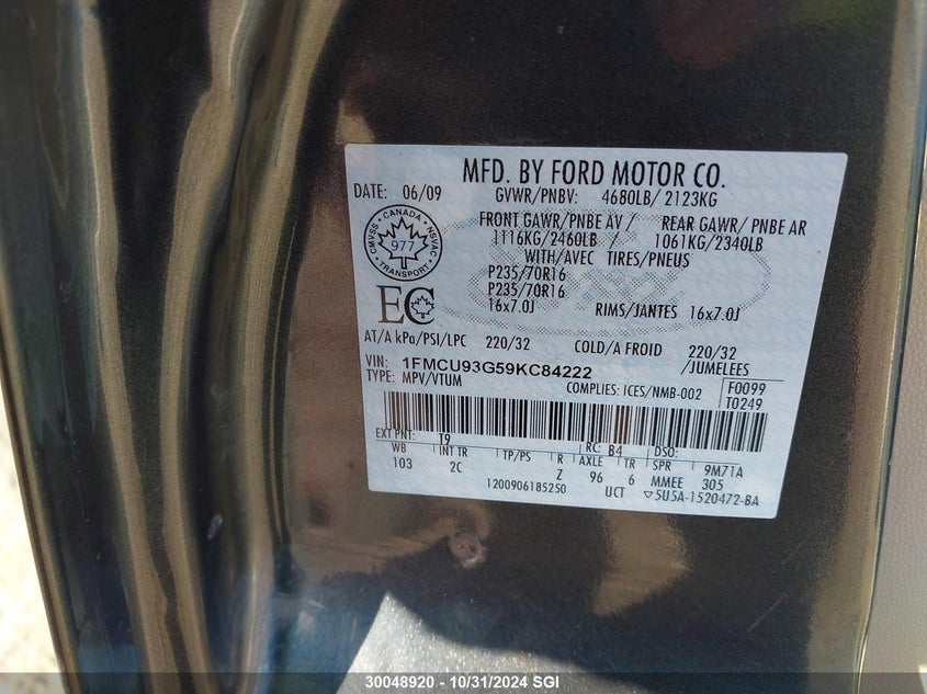 2009 Ford Escape Xlt VIN: 1FMCU93G59KC84222 Lot: 30048920