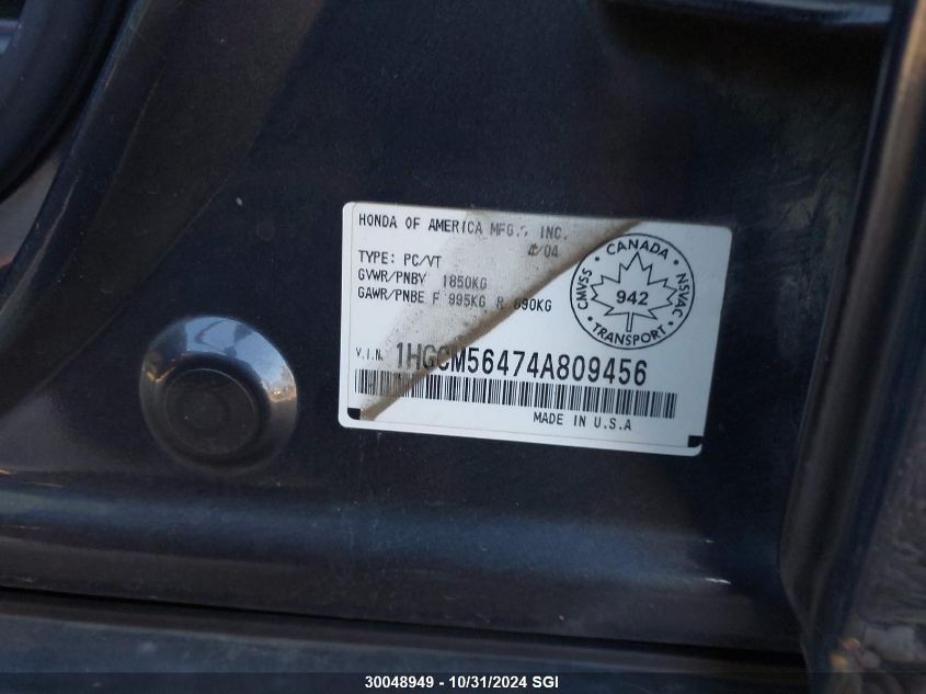 2004 Honda Accord Lx VIN: 1HGCM56474A809456 Lot: 30048949