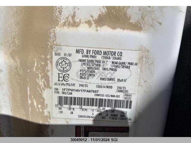 2007 Ford F150 Supercrew VIN: 1FTPW14V17FA67657 Lot: 30049012