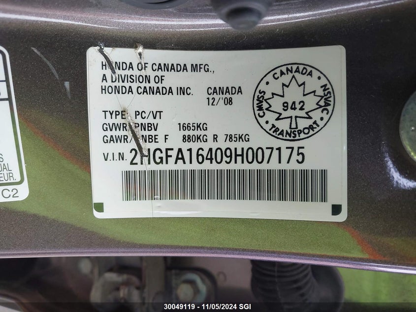 2009 Honda Civic Dx-G VIN: 2HGFA16409H007175 Lot: 30049119