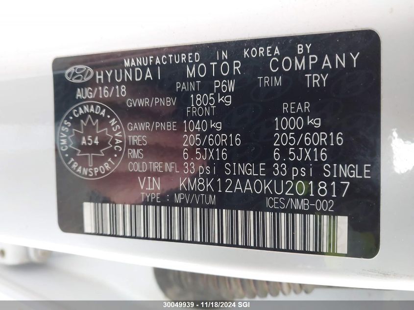 2019 Hyundai Kona Se VIN: KM8K12AA0KU201817 Lot: 30049939