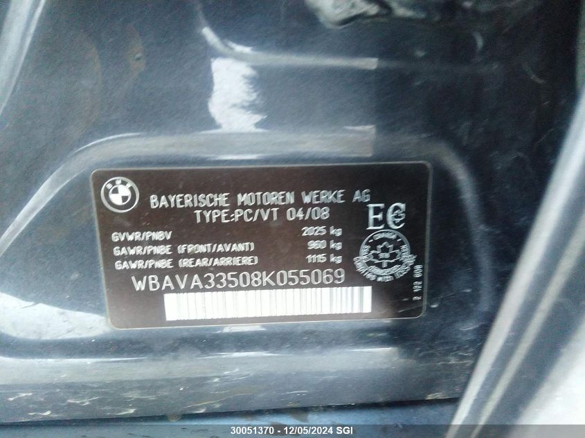 2008 BMW 3 Series VIN: WBAVA33508K055069 Lot: 30051370