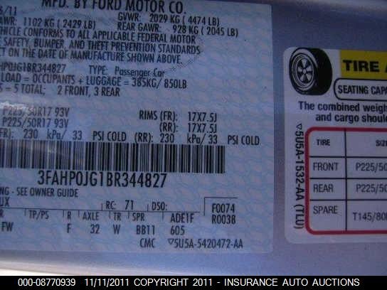 2011 Ford Fusion VIN: 3FAHP0JG1BR344827 Lot: 8770939
