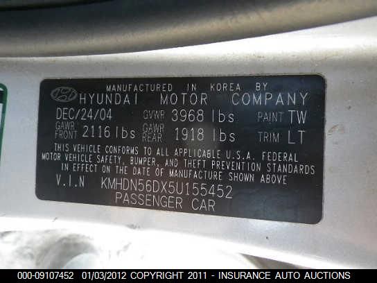 KMHDN56DX5U155452 2005 Hyundai Elantra Gls/Gt