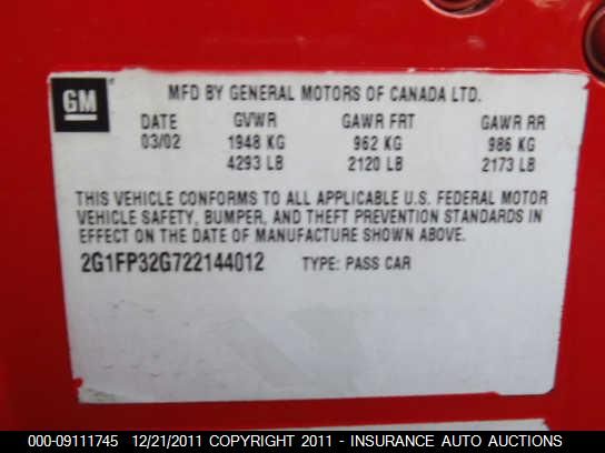 2002 Chevrolet Camaro Z28 VIN: 2G1FP32G722144012 Lot: 9111745