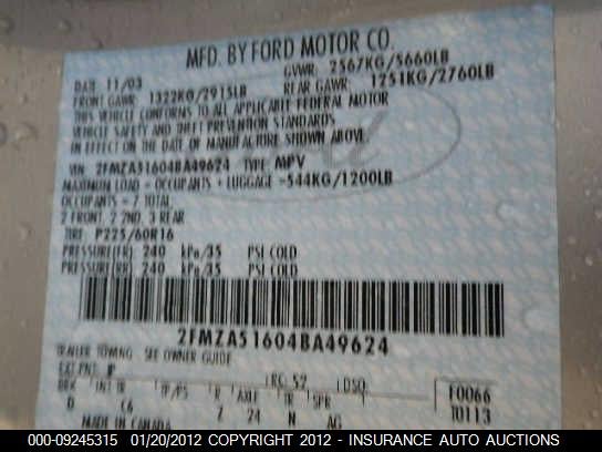 2004 Ford Freestar Se VIN: 2FMZA51604BA49624 Lot: 9245315