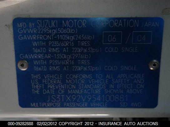 2005 Suzuki Xl7 Ex/Lx VIN: JS3TX92V954100881 Lot: 9282888