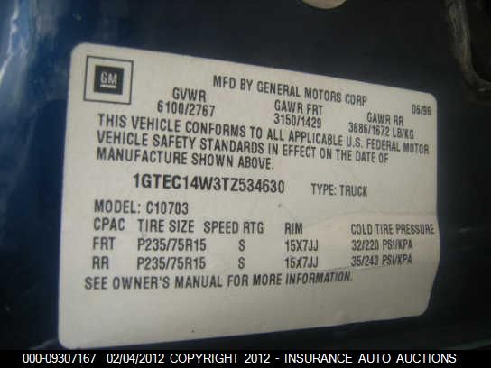 1996 GMC Sierra C1500 VIN: 1GTEC14W3TZ534630 Lot: 9307167