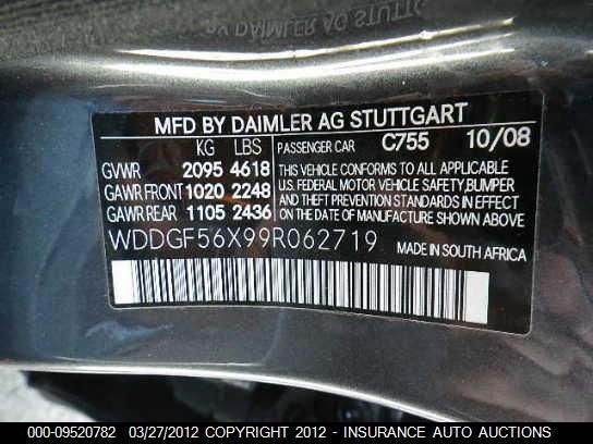 2009 Mercedes-Benz C350 VIN: WDDGF56X99R062719 Lot: 9520782