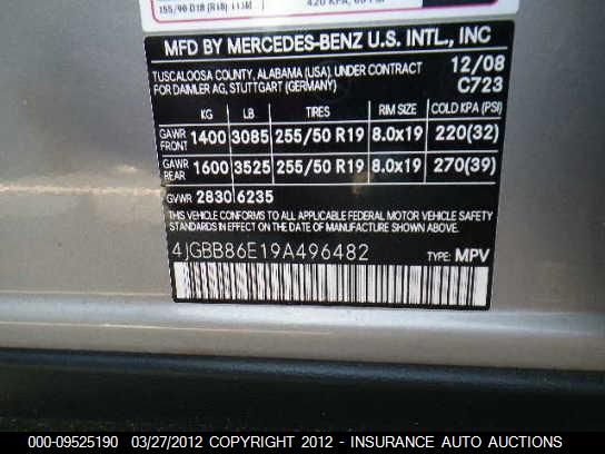 2009 Mercedes-Benz Ml350 VIN: 4JGBB86E19A496482 Lot: 9525190