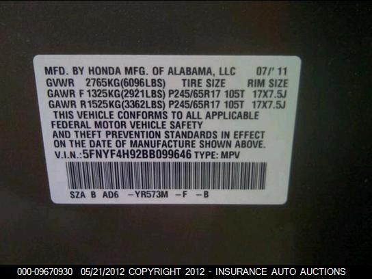 2011 Honda Pilot Touring VIN: 5FNYF4H92BB099646 Lot: 9670930