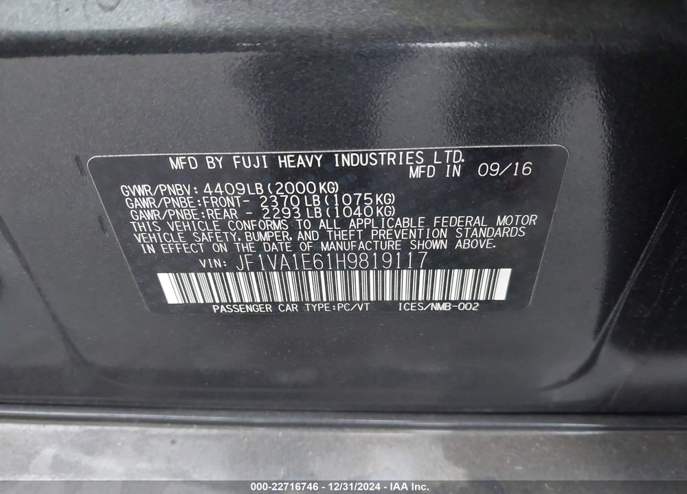 2017 SUBARU WRX PREMIUM VIN: JF1VA1E61H9819117