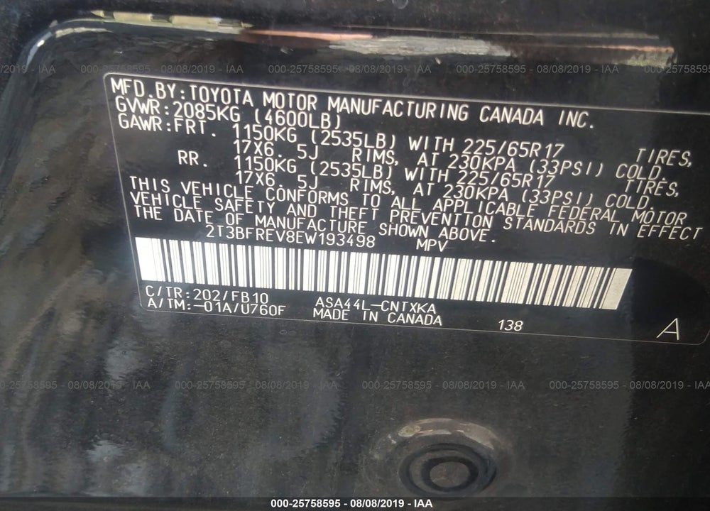 2014 TOYOTA RAV4 VIN: 2T3BFREV8EW193498
