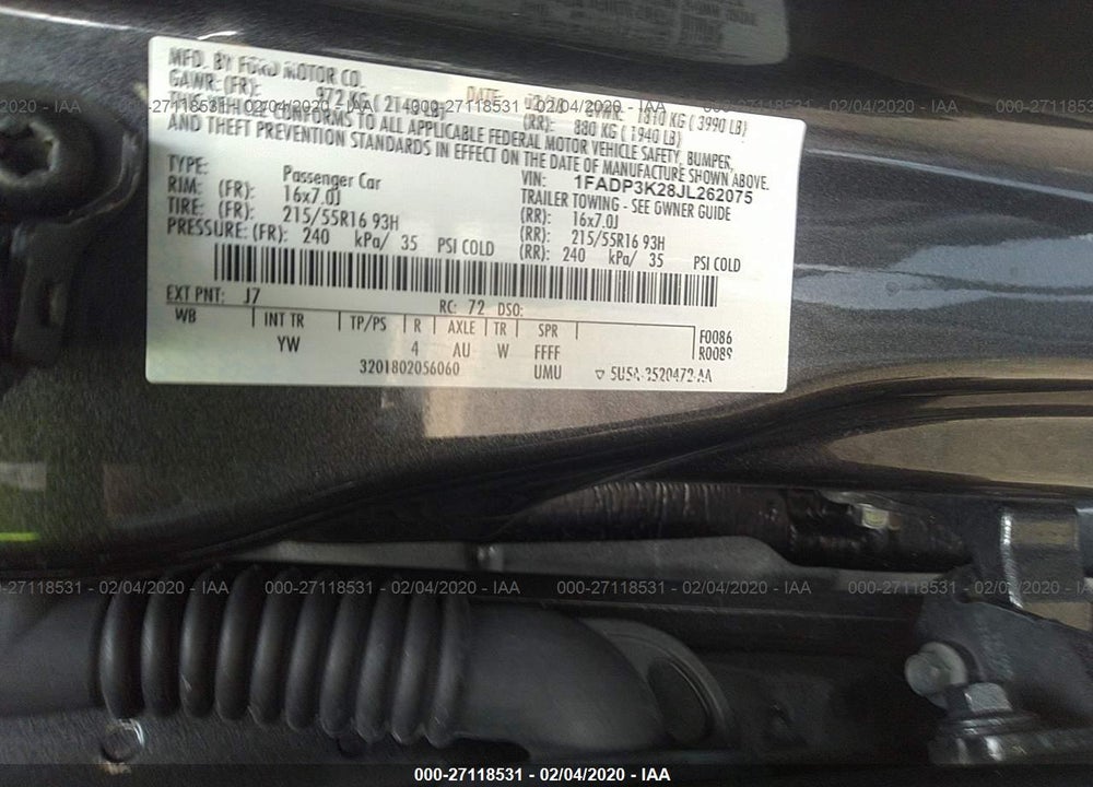 2018 FORD FOCUS SE VIN: 1FADP3K28JL262075