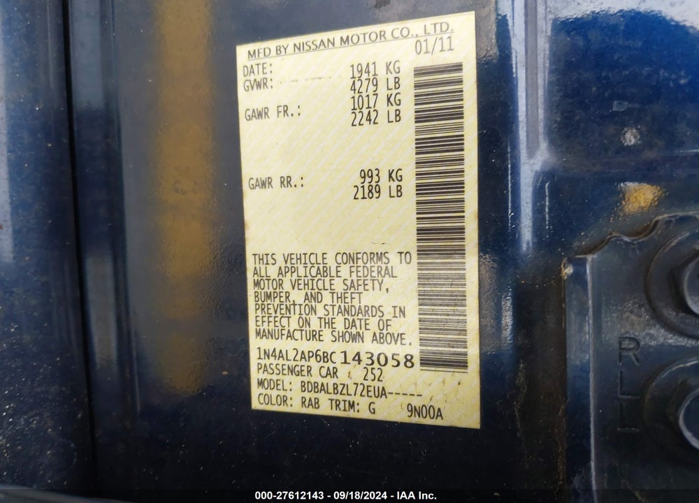 2011 NISSAN ALTIMA 2.5 S VIN: 1N4AL2AP6BC143058