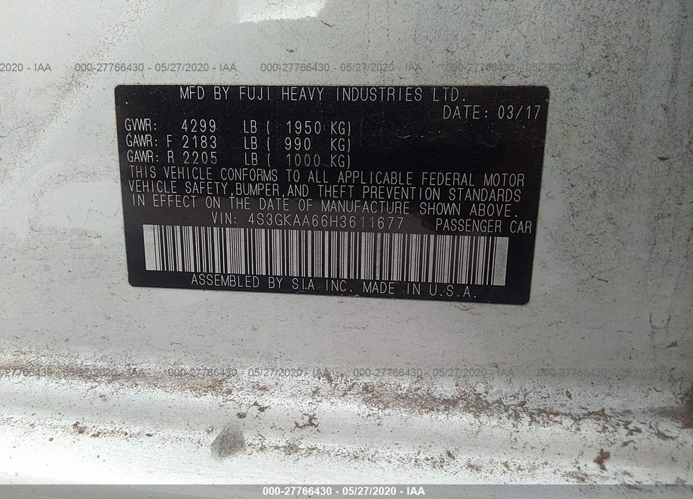 2017 SUBARU IMPREZA VIN: 4S3GKAA66H3611677