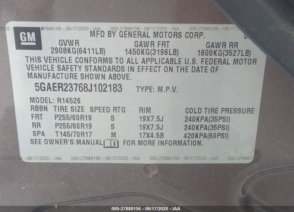 2008 BUICK ENCLAVE CXL VIN: 5GAER23768J102183