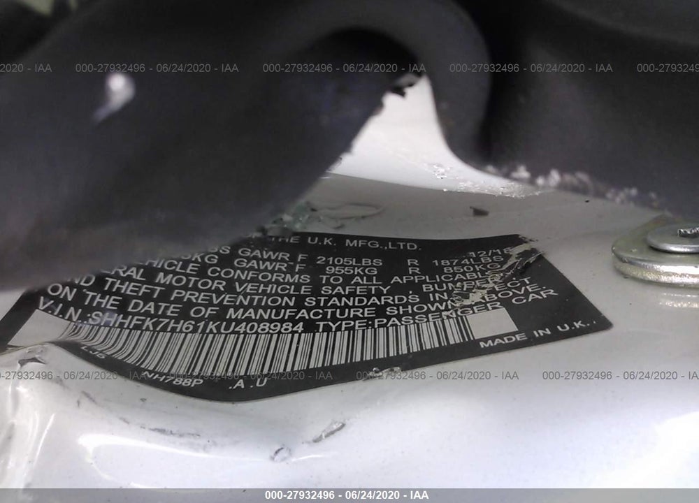 2019 HONDA CIVIC VIN: SHHFK7H61KU408984