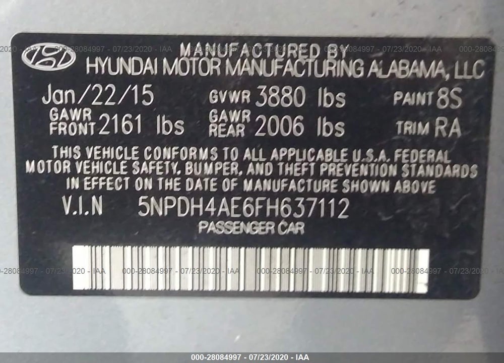 2015 HYUNDAI ELANTRA SE VIN: 5NPDH4AE6FH637112